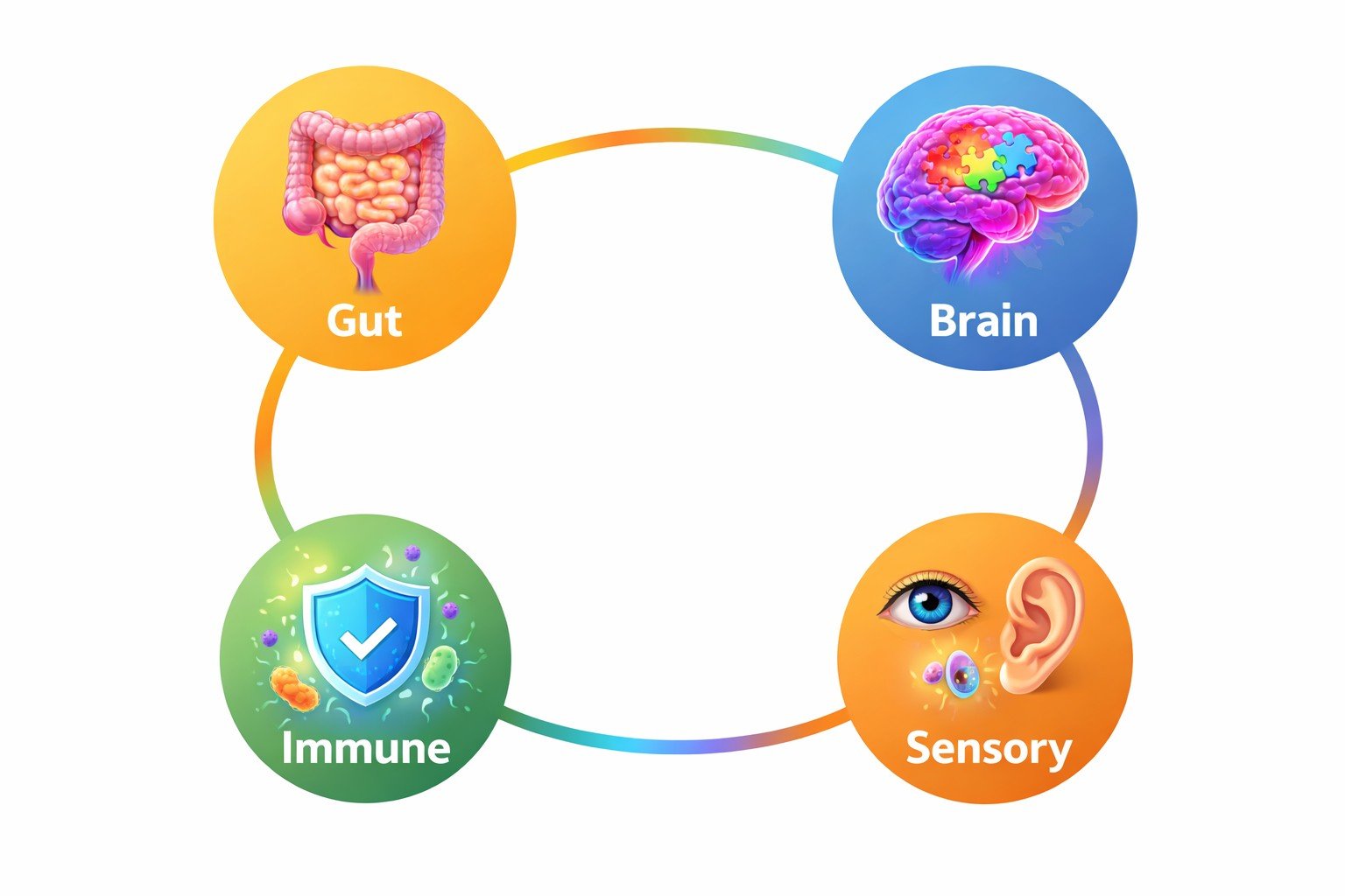 Diagram showing gut, immune system, brain and sensory regulation as connected