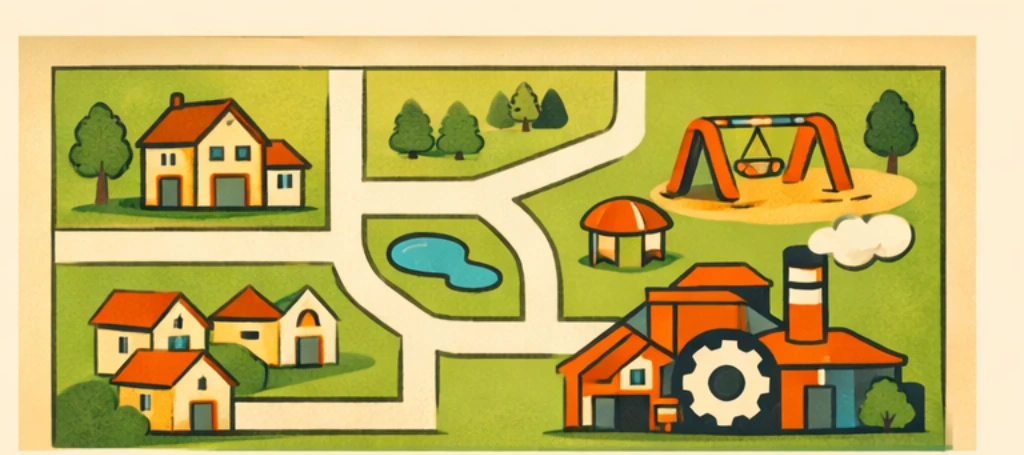 A simple map of a town with roads and buildings