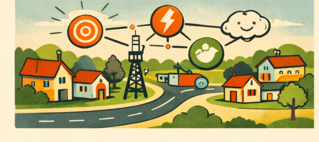 Illustration of signal flares or phone lines across the town representing neurotransmitters