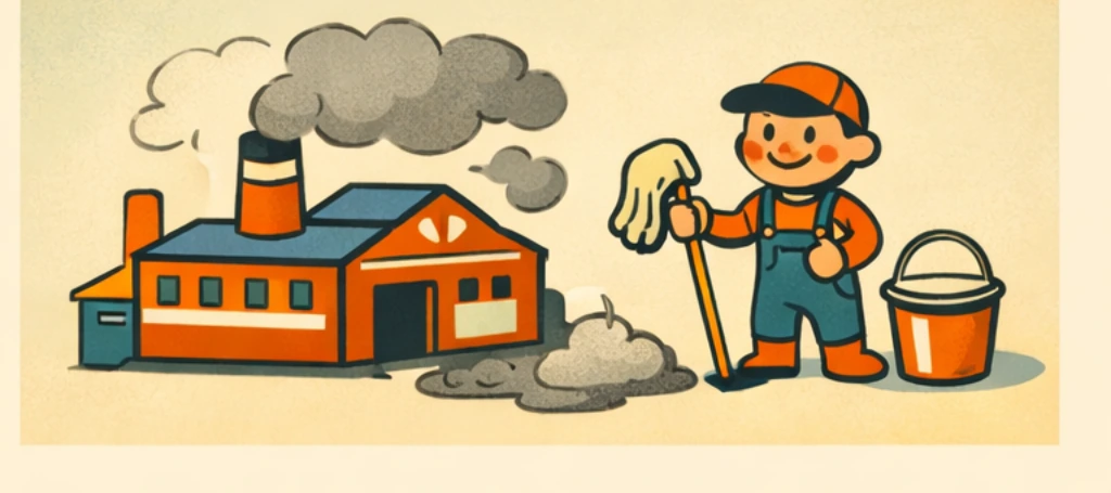 Illustration of a factory with a small exhaust cloud being cleaned by a character with a mop representing antioxidants